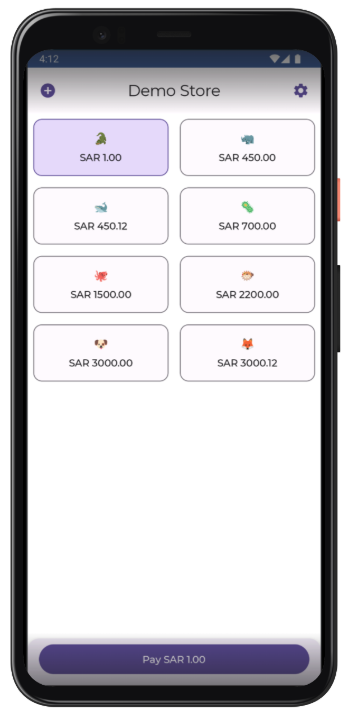 The screenshot displays an overview of the Demo Store with clickable buttons and a pay for order option. 