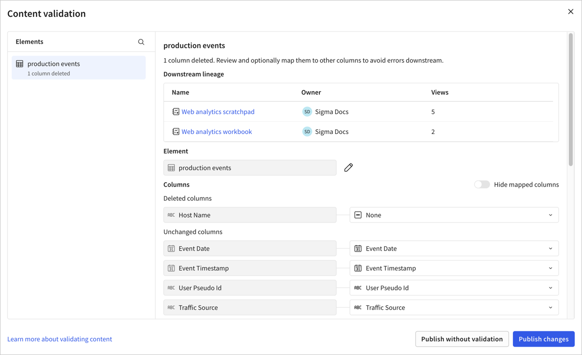 Content validation modal showing a production events element and a Deleted columns section listing the Host Name column, currently mapped to None. Other columns are shown under Unchanged columns and the downstream lineage shows a Web analytics scratchpad and a Web analytics workbook as affected documents.