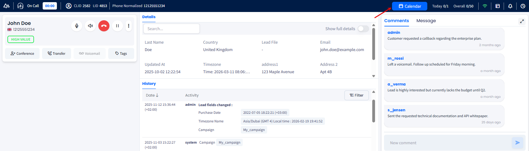 Screenshot with the Calendar button