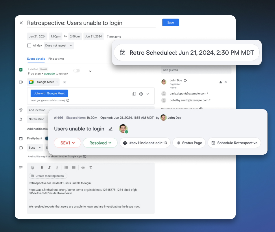 Example screenshots of Retrospective scheduling capabilities enabled with Google Calendar