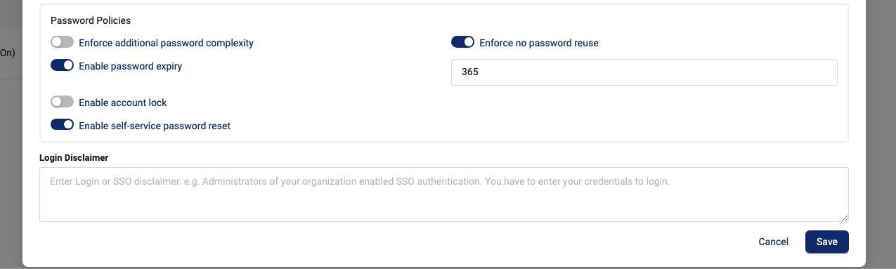 Password policies in the Edit Tenant dialog