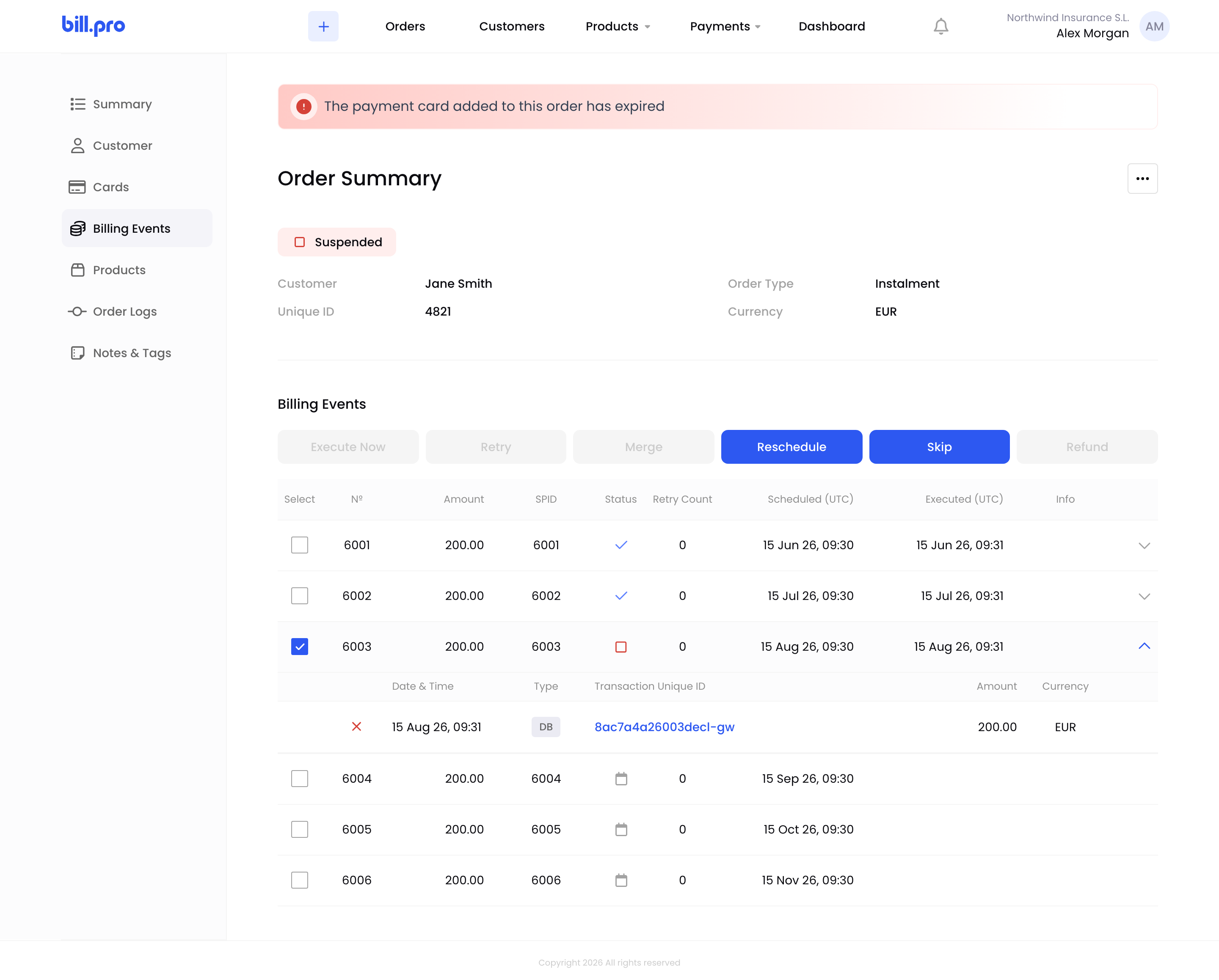 A hard-declined billing event selected, with Reschedule and Skip available