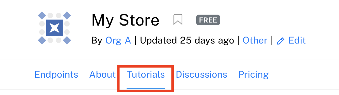 The Tutorials tab of an API's hub listing.