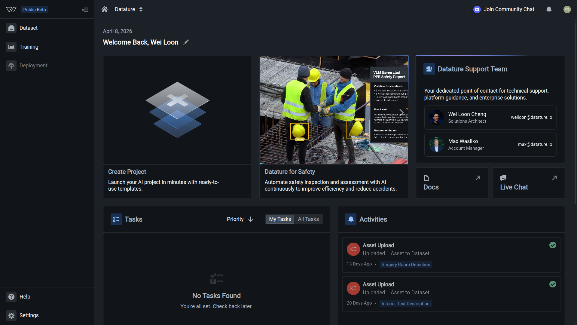 Datature Vi platform dashboard