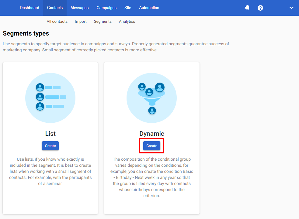 Creating a new dynamic segment