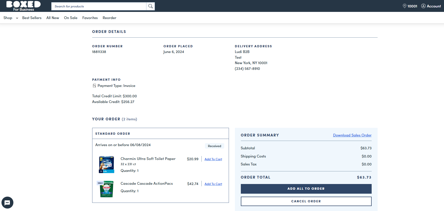 Order details screen for invoiced business accounts