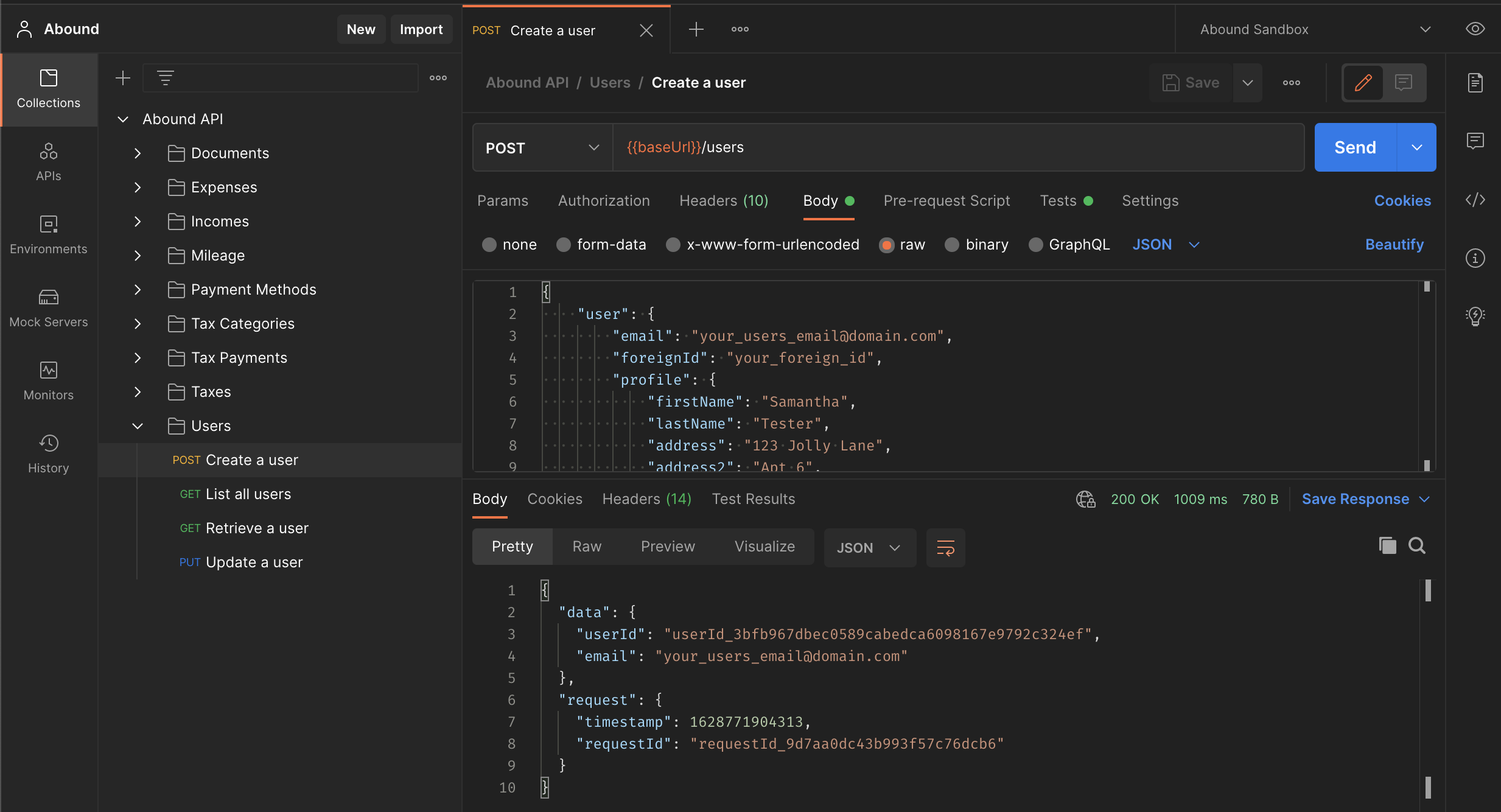 postman-collection-03.png Creating a user with the Postman collection