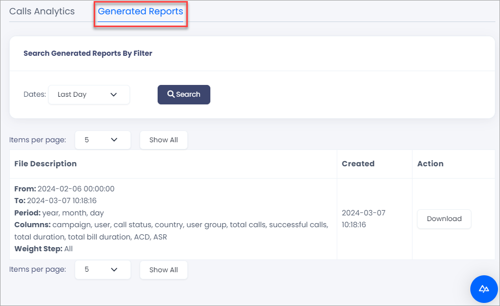 Screenshot of the Generated Reports tab