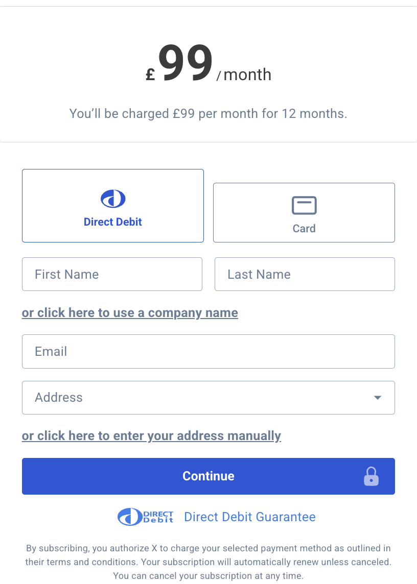 Example: The subscription checkout component is embedded in the website's checkout plan