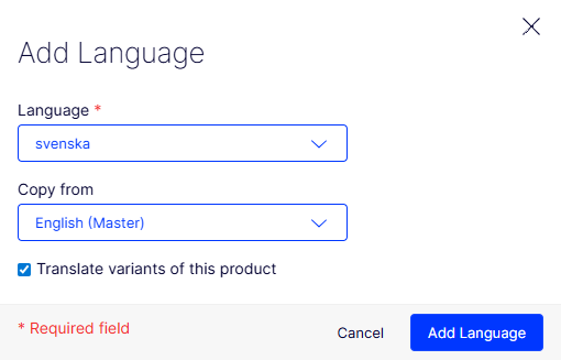 screenshot of the Add Language dialog box for adding a language to a catalog