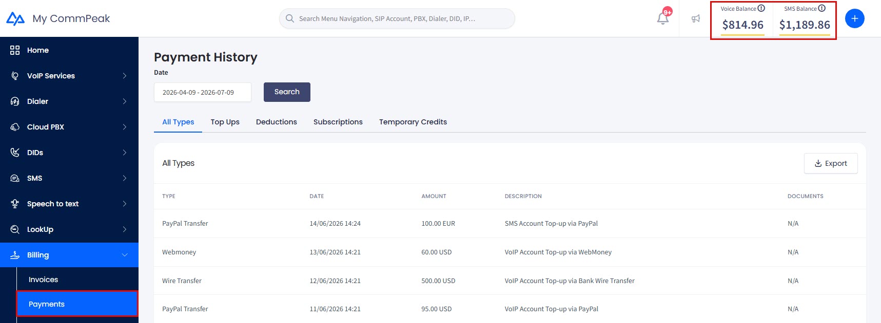 Screenshot of billing information monitoring options