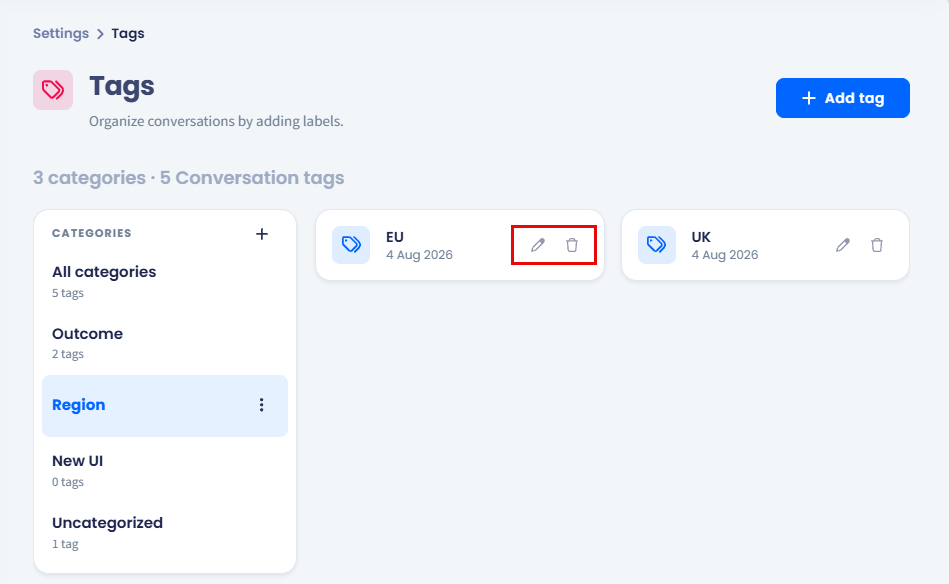 Screenshot of the managing tags options