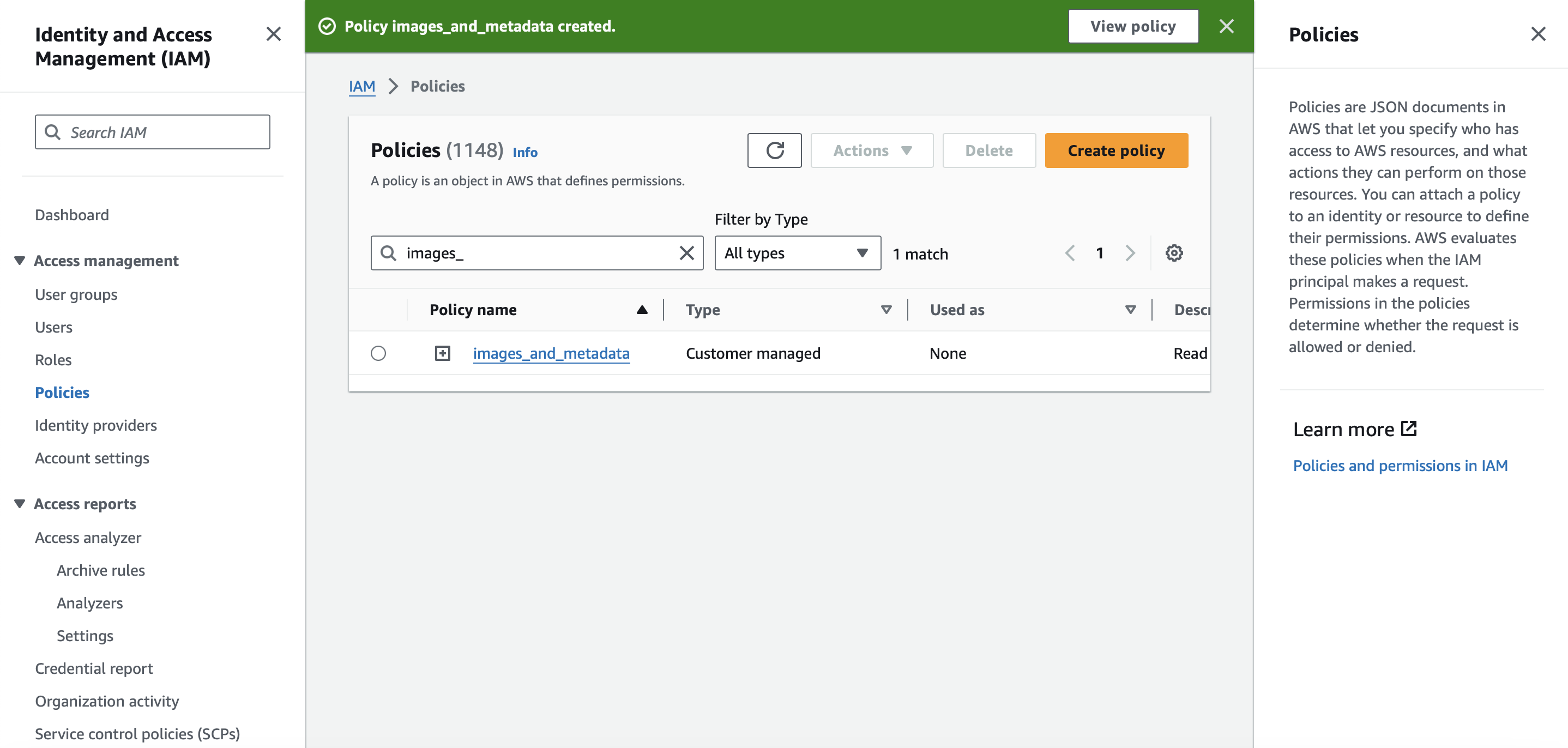 Figure 4. One single policy for both images and metadata with read and write access