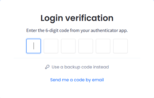Screenshot of the Login verification screen with six code boxes, the Use a backup code instead link, and the Send me a code by email link