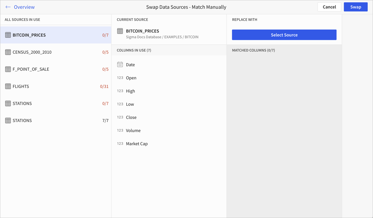 Manual match page, with one column listing existing sources in the workbook, a second column showing the columns in the selected source, and a third column with an option to select a new source.