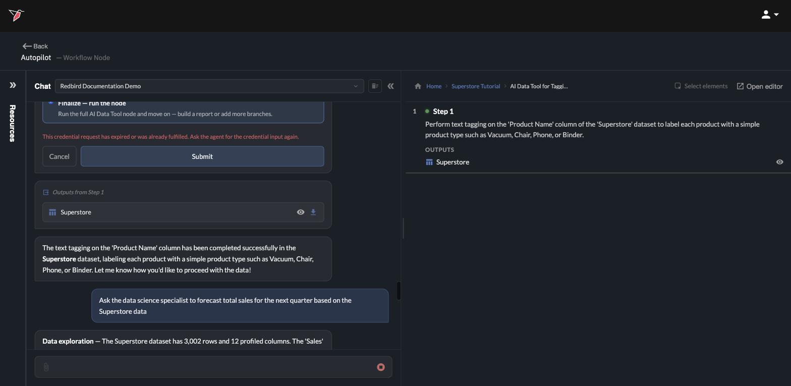 The AI Data Tool node's step list, with the step's description and its output