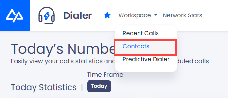 Screenshot with the Contacts in the Workspace menu