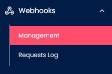 Screenshot of the 'Webhooks' tab with two children: 'Management' and 'Requests Log' as the fragment of the TextPeak side menu.