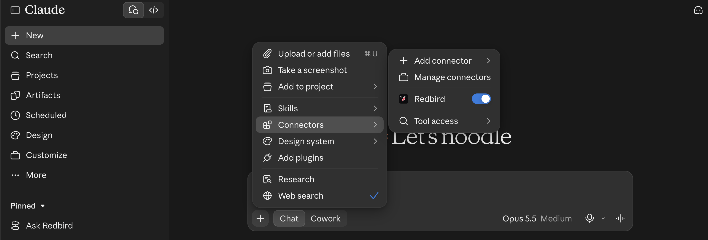Placeholder: Claude's tools menu with the Redbird connector switched on