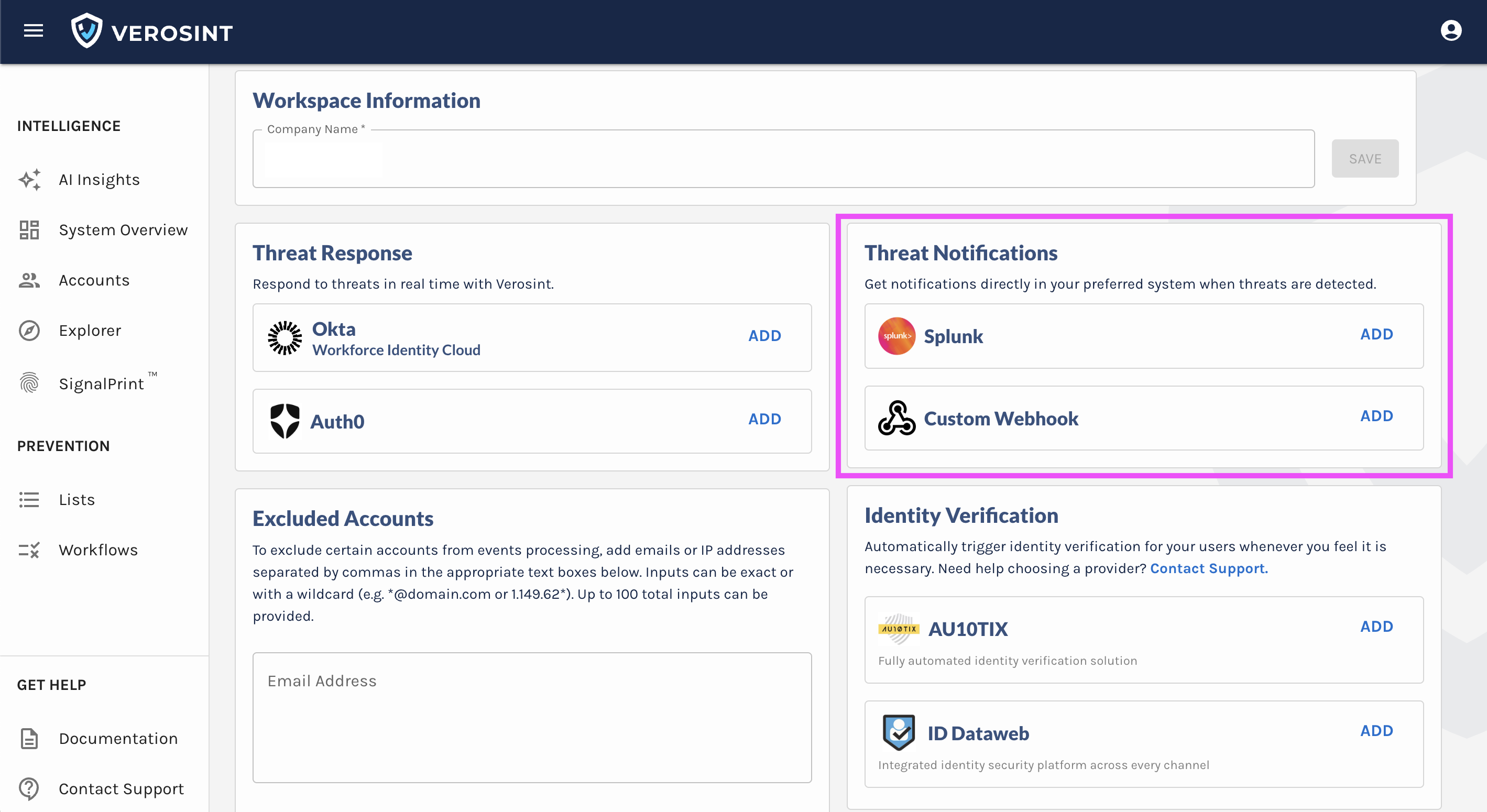 Configure Threat Notifications to Splunk or a custom webhook in Account Settings