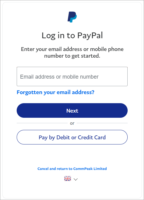 Screenshot of the PayPal login