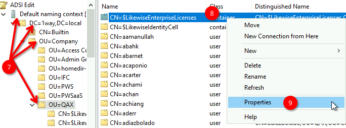 DSI Edit tree with OU=QAX expanded. Context menu open on the license container with Properties highlighted.