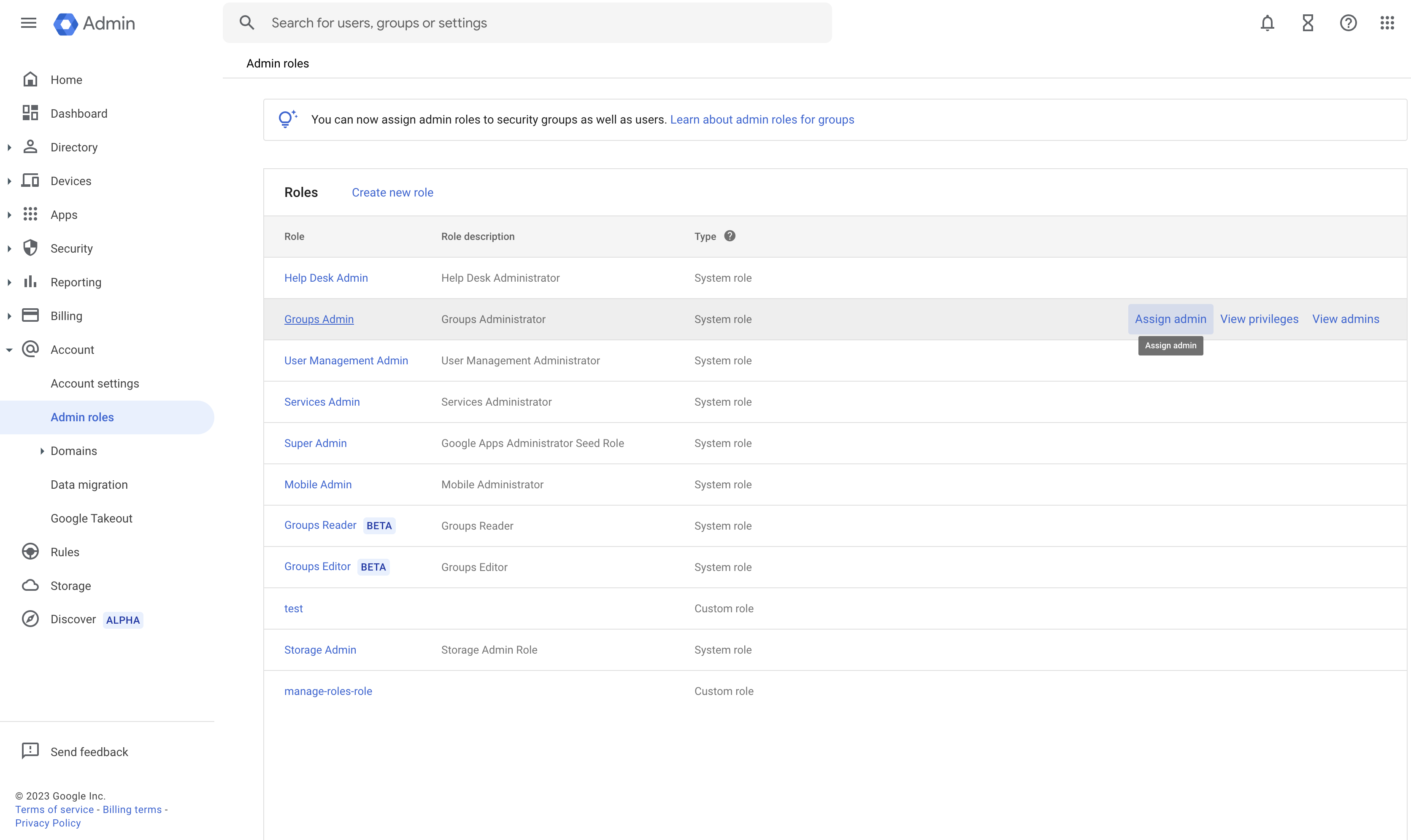 Admin roles page in Google Workspace