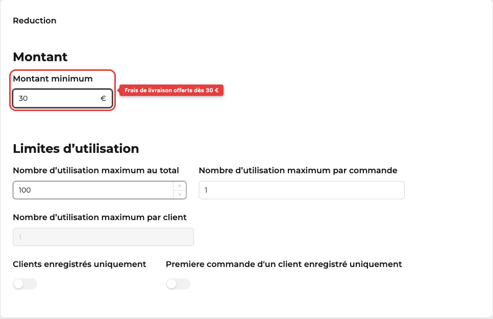 Formulaire de création d'une promotion Livraison offerte avec un Montant minimum de 30 €