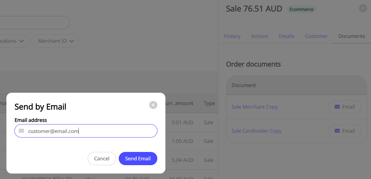 The email prompt box to input the receipient email address. Merchant copies pre-populate with the merchant's email address.