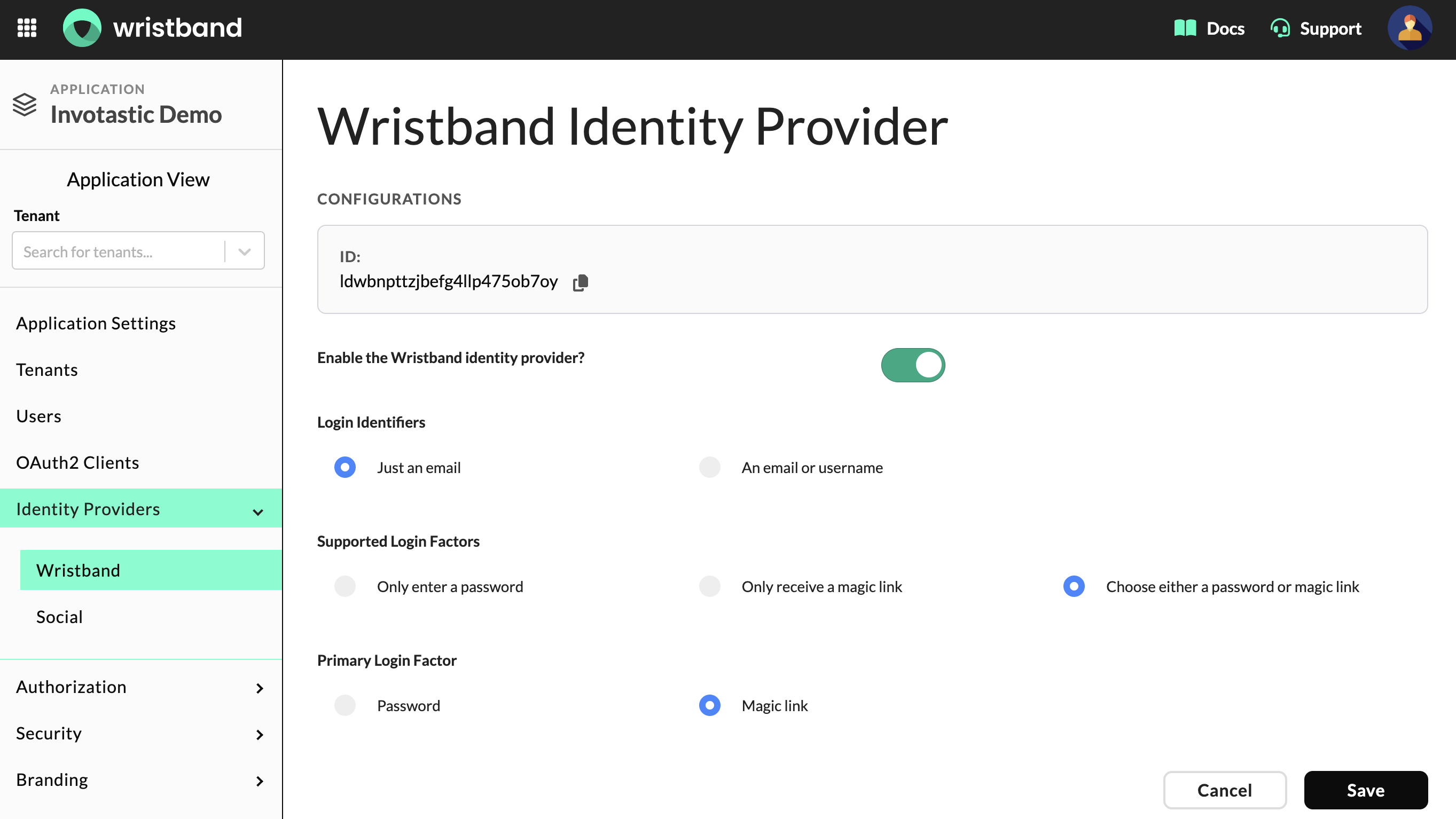 The Primary Login Factor setting is visible when both passwords and magic links are enabled.