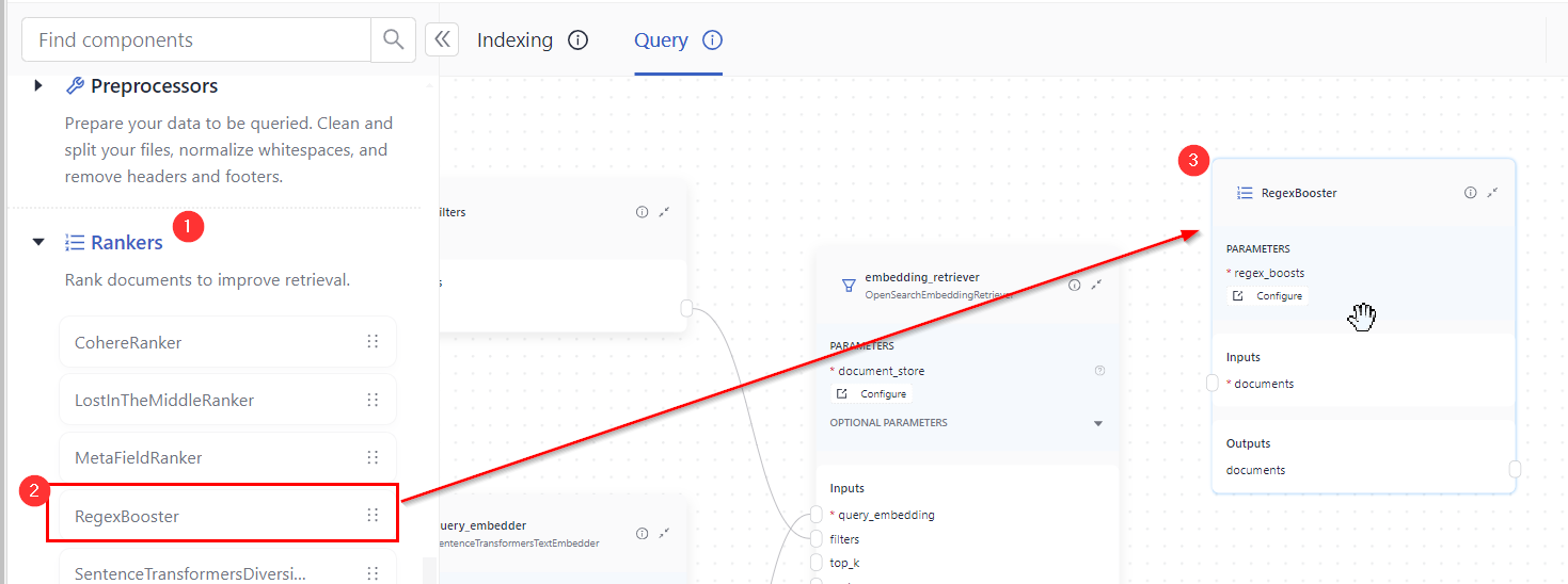 Component library in Studio with the Rankers section expanded.  RegexBooster is highlighted in this section and there's an arrow towards the canvas.