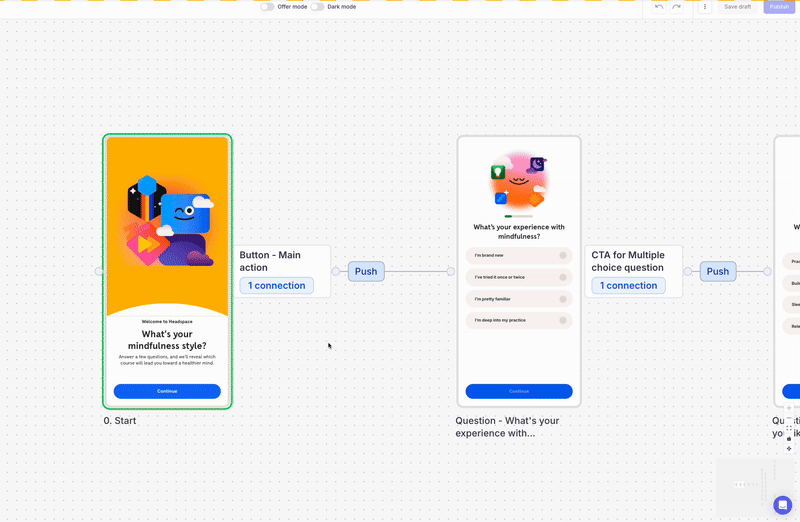 This Headspace Flow consists of a series of carefully crafted questions. The user’s responses are used to personalize their experience by assigning them to a profile that reflects their goals, preferences, or challenges, allowing the app to recommend content that best matches their specific needs
