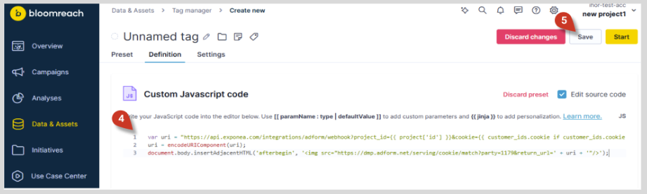 Custom JavaScript code editor displaying Adform matching pixel implementation code
