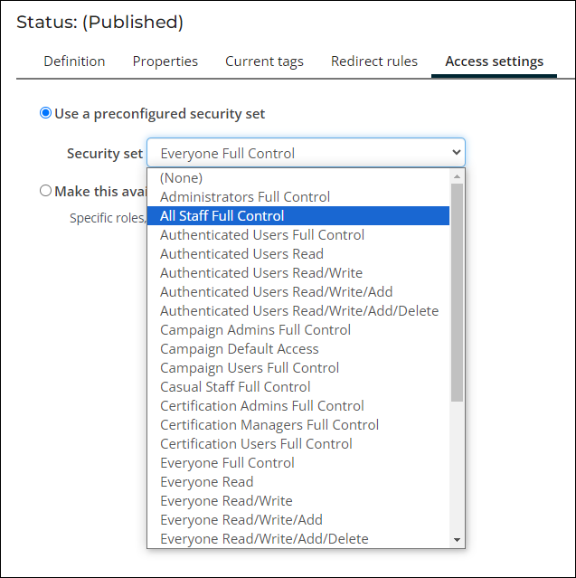 Using a preconfigured security set