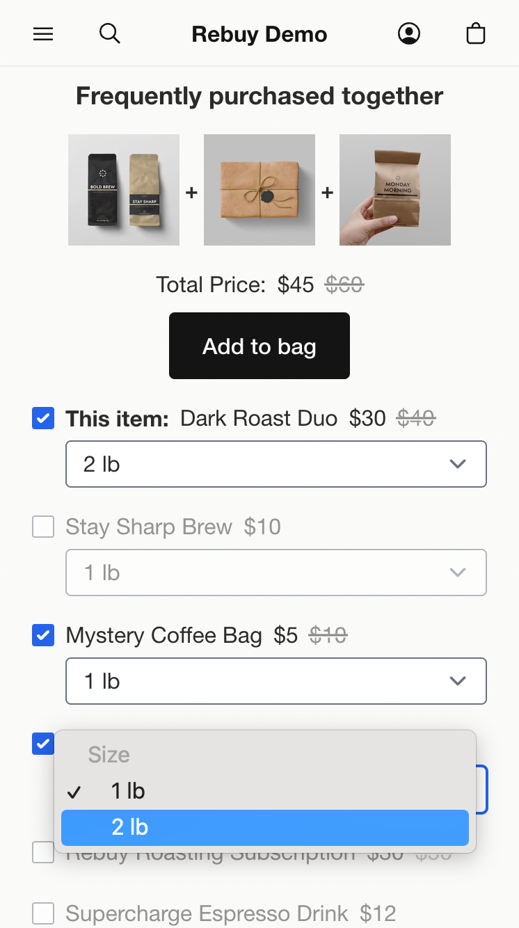 Personalized dynamic bundle featuring product variant selection