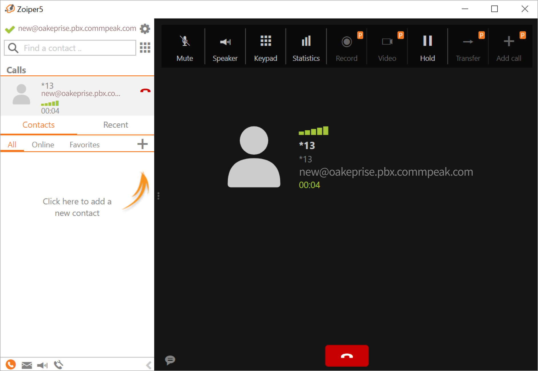 Screenshot of the test call in Zoiper5