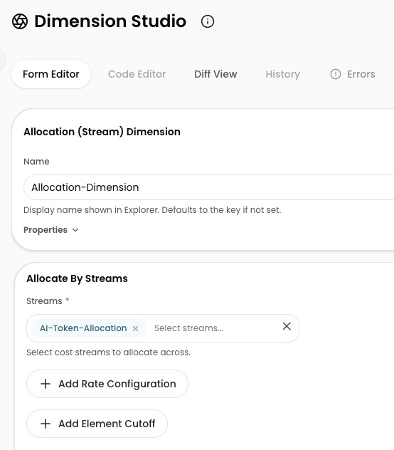 Allocate By Streams form editor in Dimension Studio