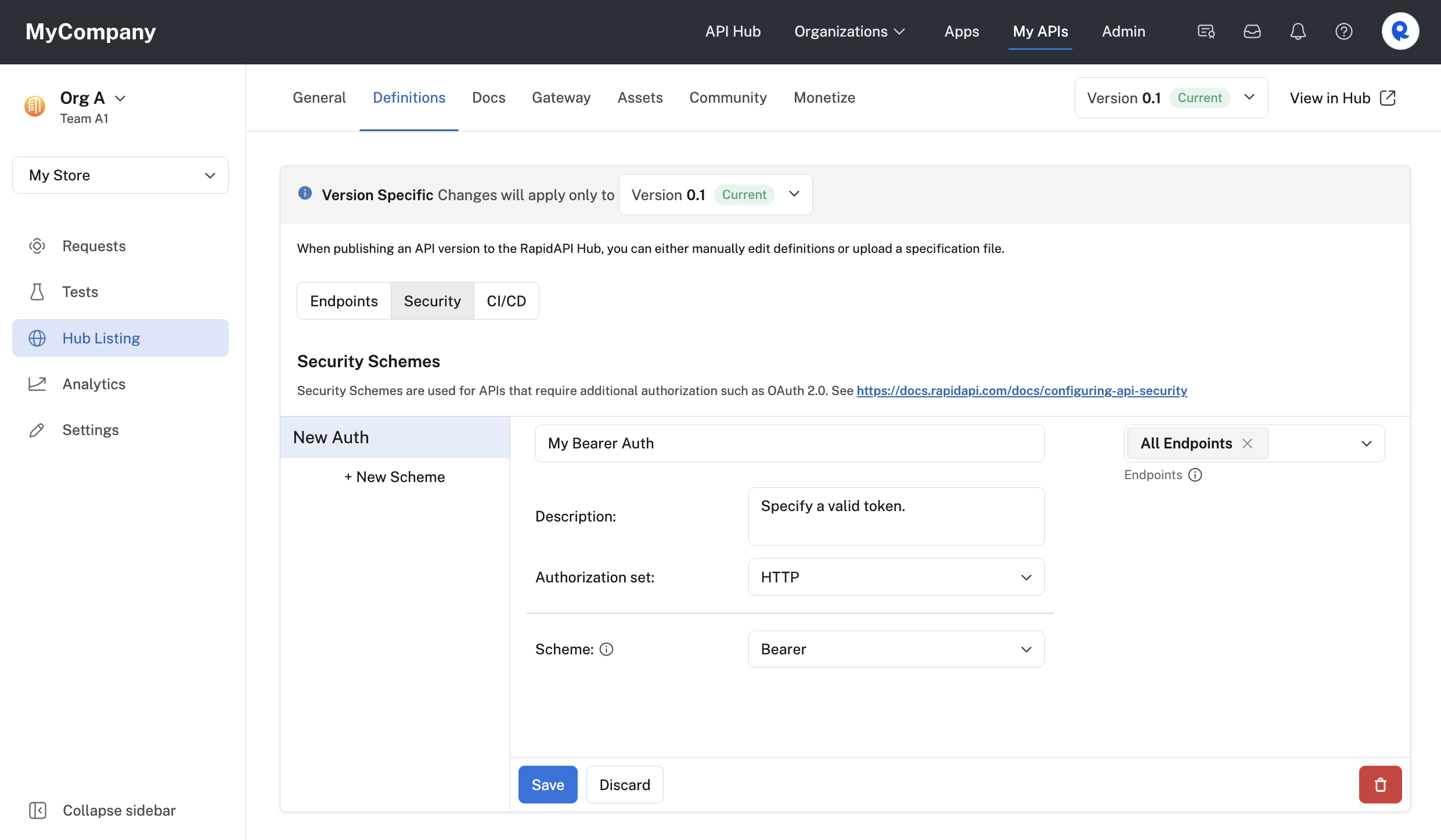 Configuring Basic auth for an API.