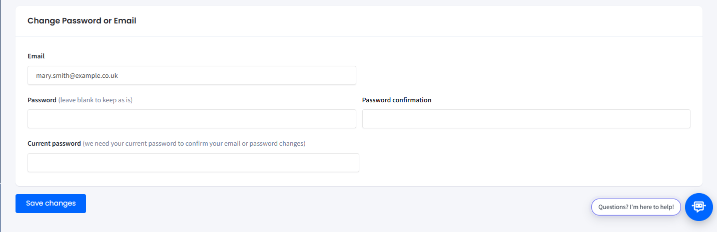 Screenshot of changing password
