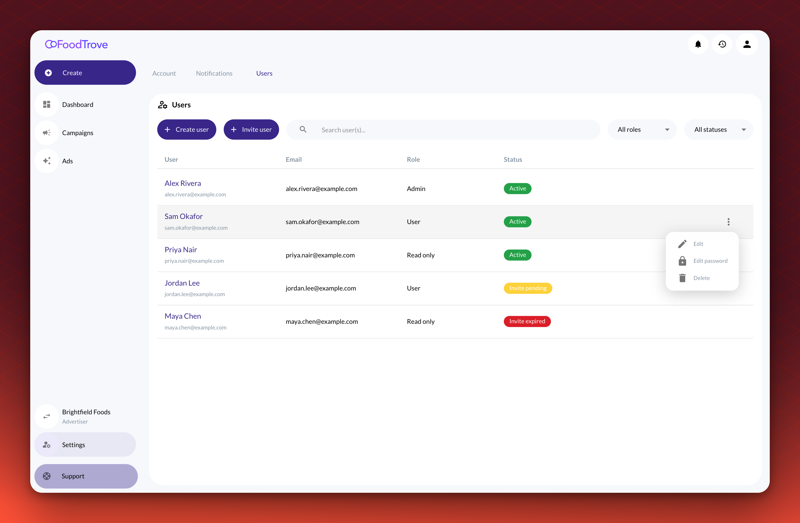 The more actions menu on an active user, over the Users tab, showing Edit, Edit password and Delete.