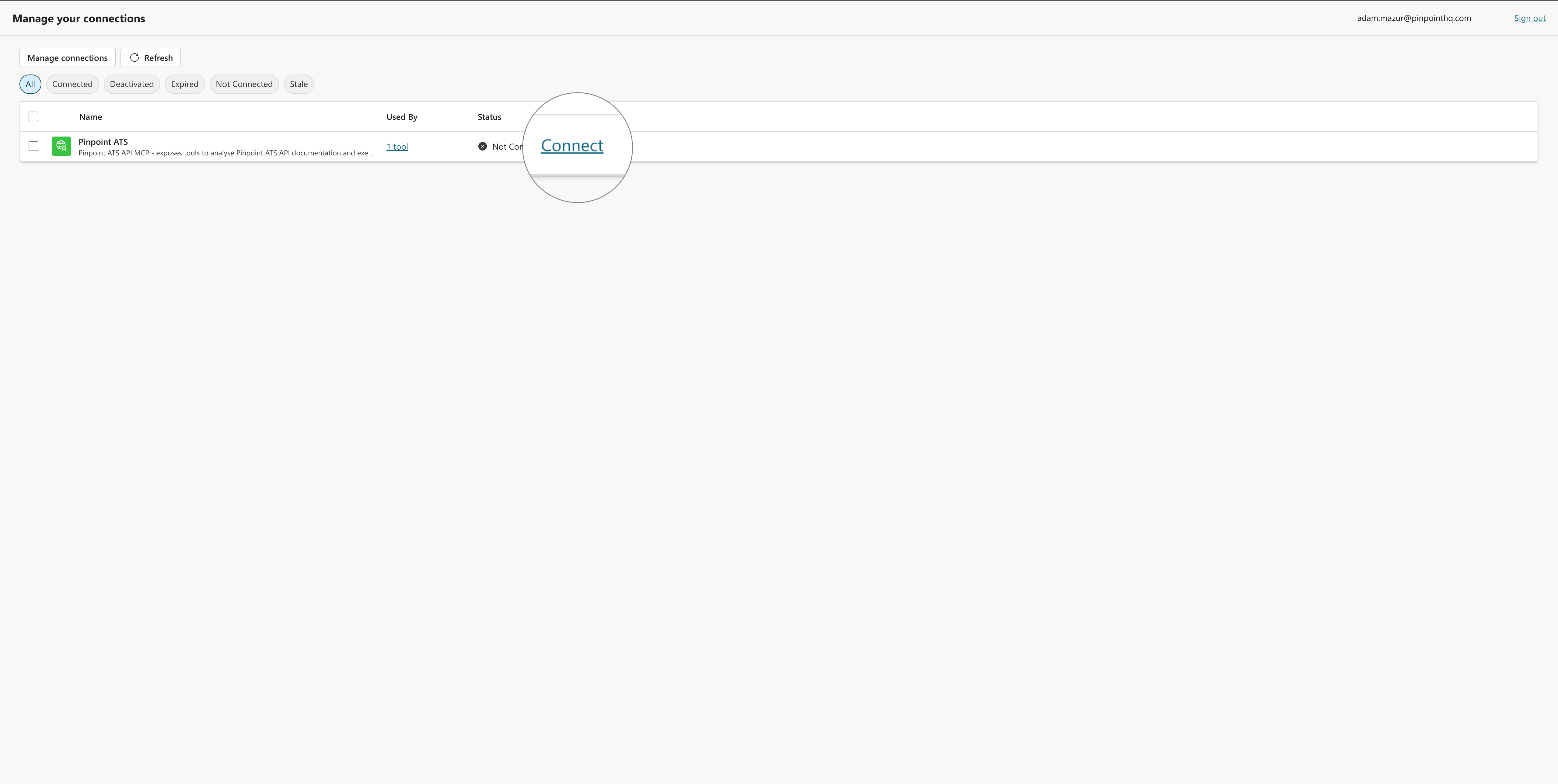 Step 12 – Manage connections page showing Pinpoint ATS Not Connected