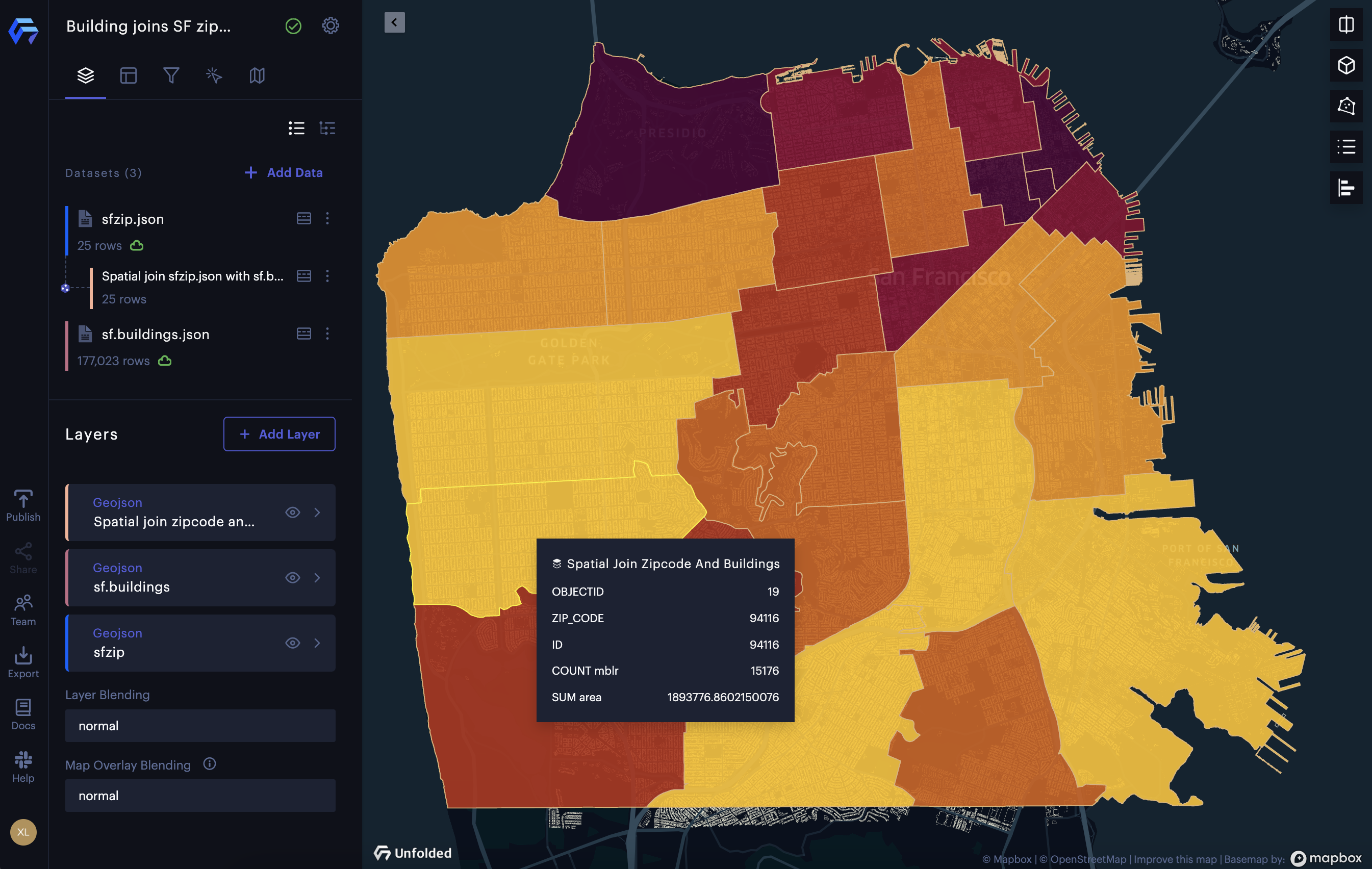 The result of spatial join the building footprints with zip code area in San Francisco.