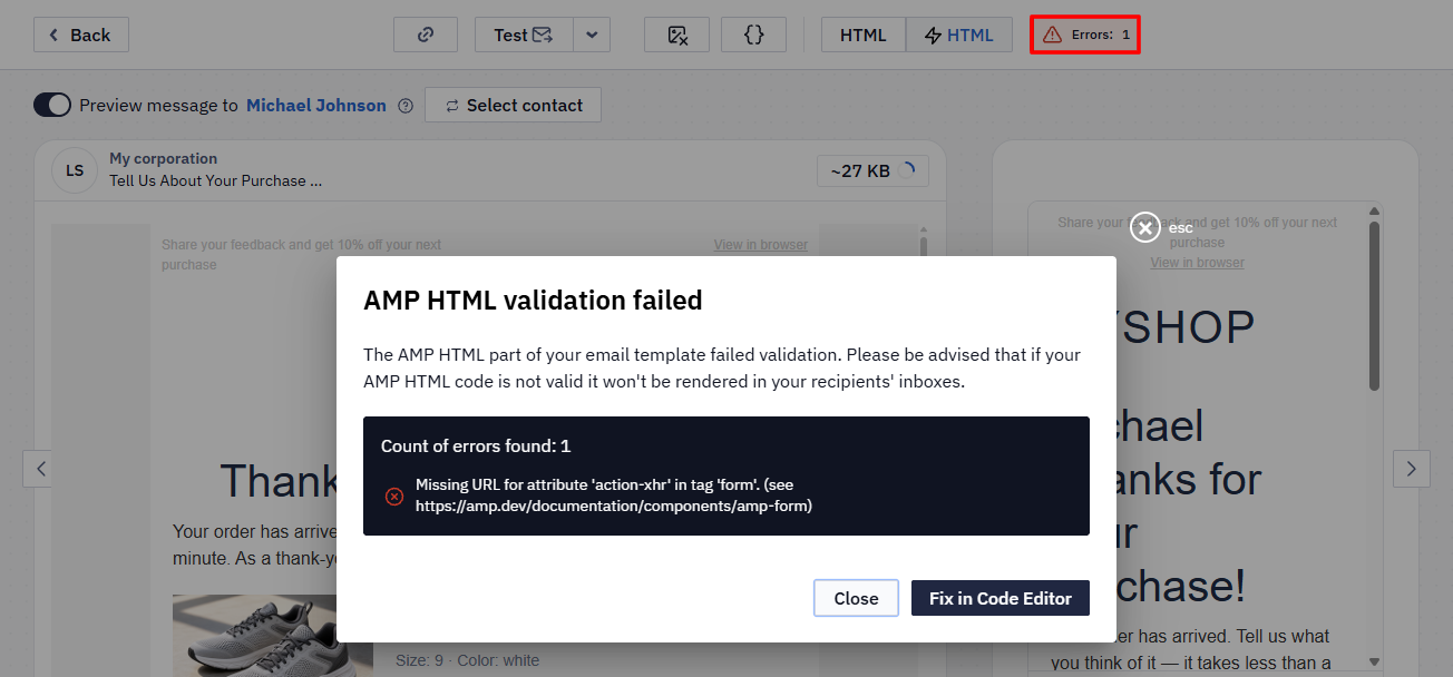 Errors notification and the AMP HTML validation failed dialog in the email preview