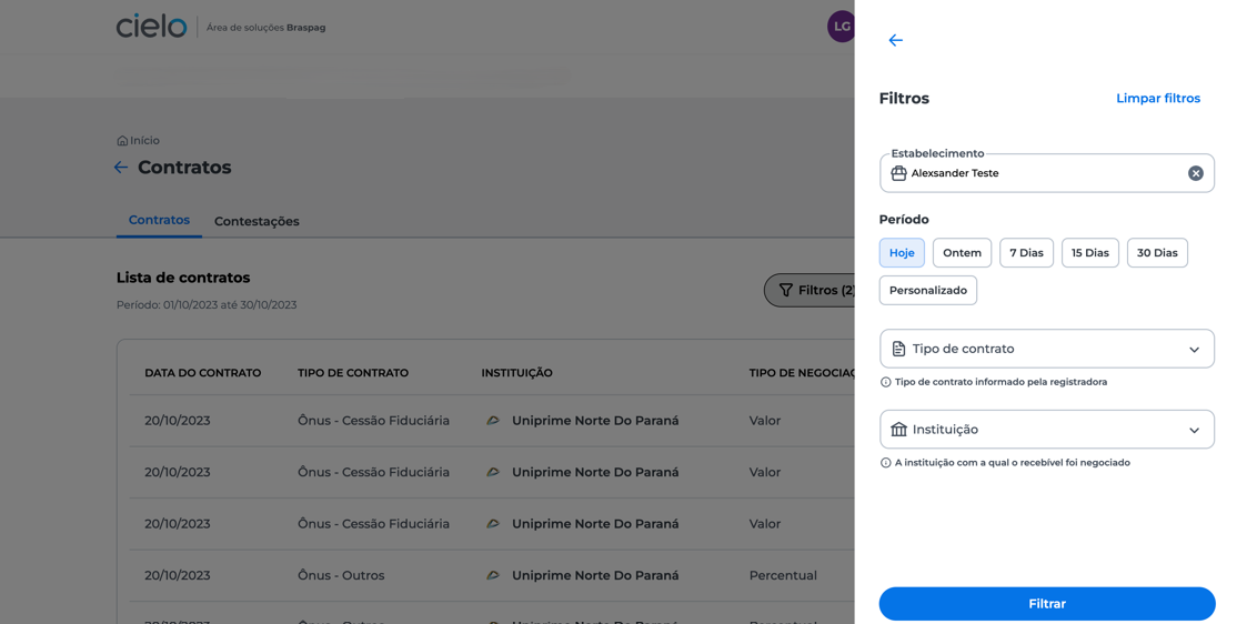 Tela para fazer os filtro e localizar os contratos