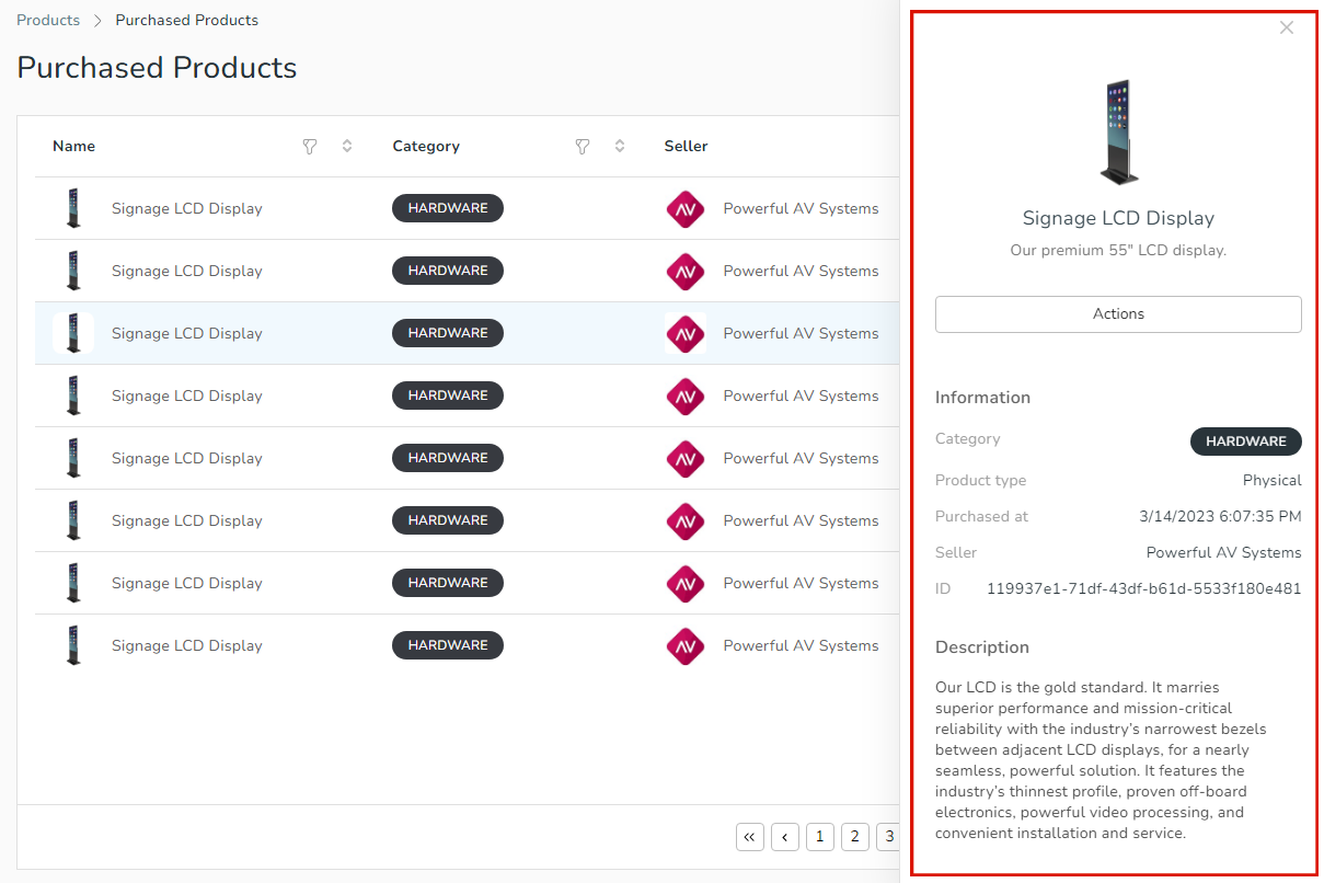 Purchased Products page with right-hand panel displaying more information about a selected product.