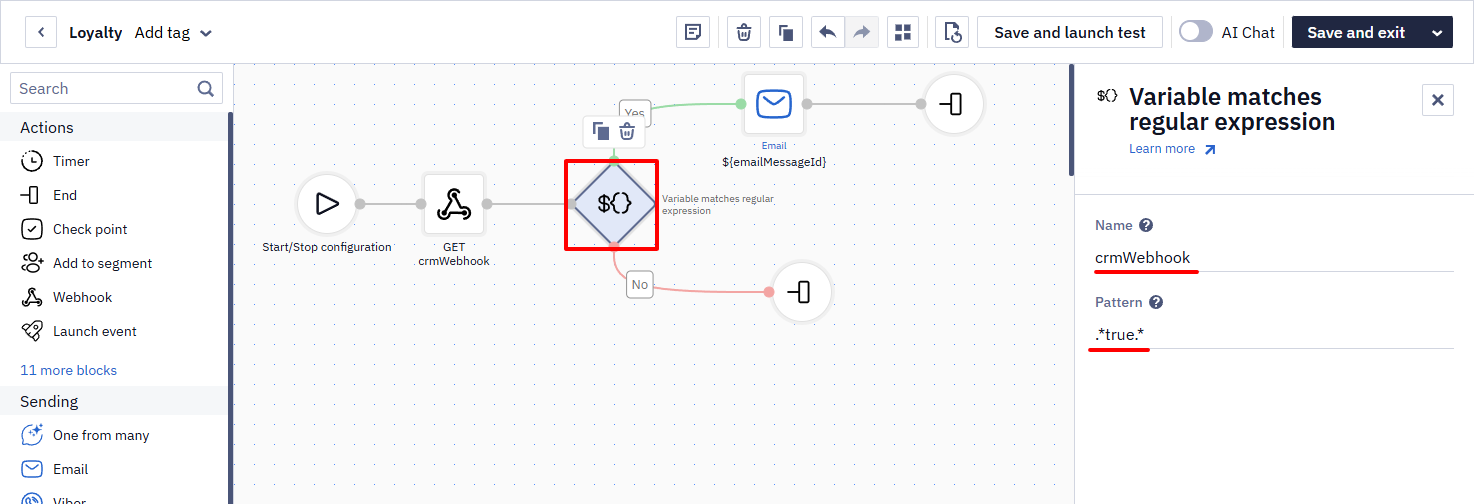 Workflow canvas with a Condition block selected, showing its Variable matches regular expression settings panel with Name set to crmWebhook and Pattern set to a regex matching true