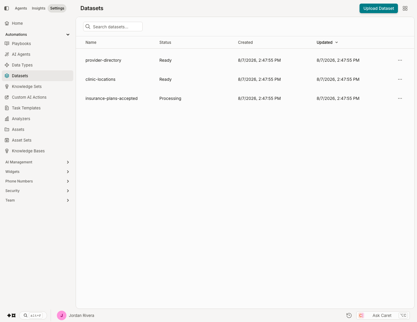 The Datasets screen. Each row shows the dataset's name, status, and created/updated timestamps; a new upload shows a status of "Processing" until it finishes.