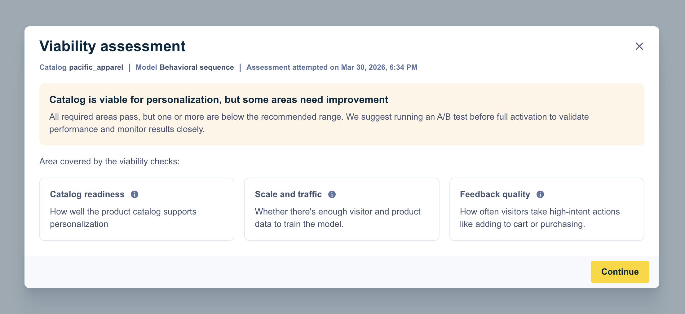 Viability check results showing some criteria need improvement with yellow indicator