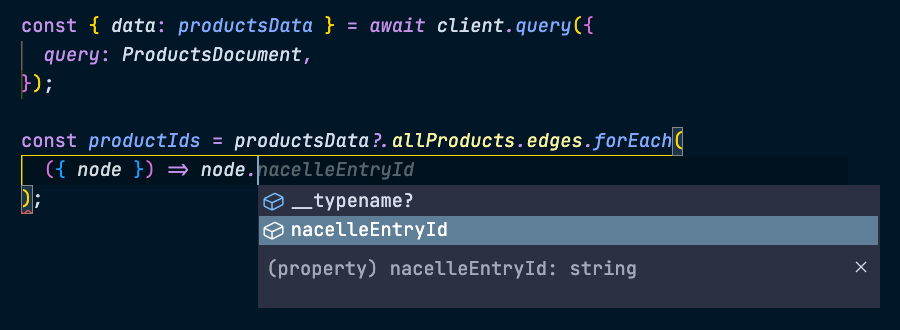 A screenshot of TypeScript providing suggestions of object properties to access within the `productsData` that we queried with the Storefront SDK