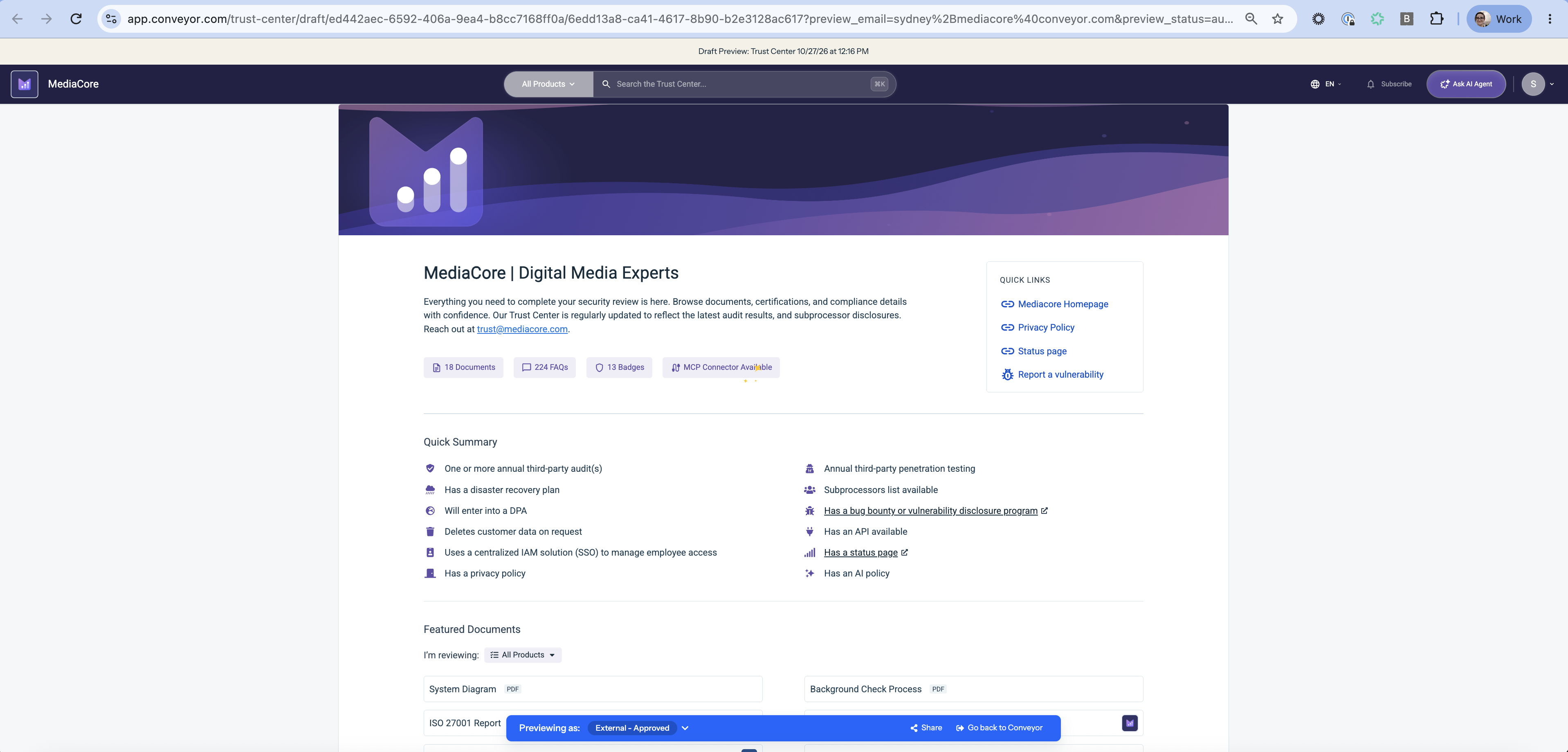 Trust Center in preview mode with a blue bar at the bottom reading Previewing as: External - Approved, plus Share and Go back to Conveyor buttons.